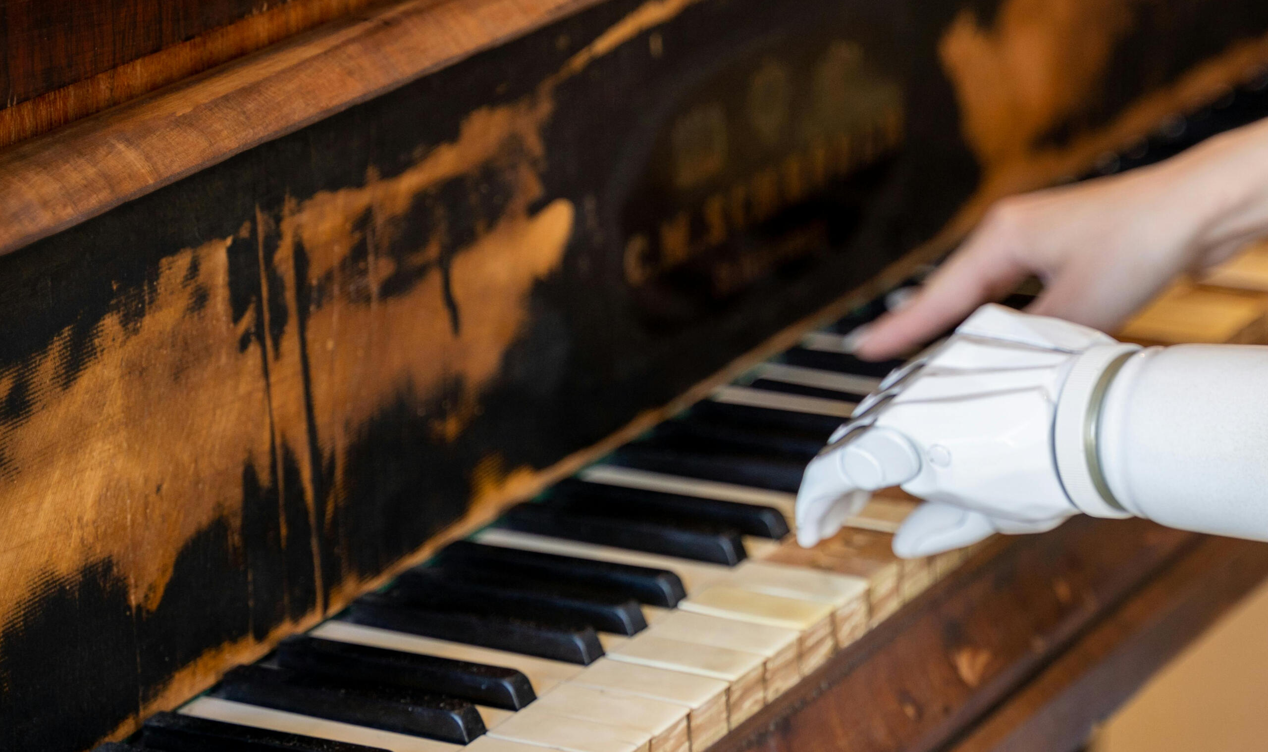 Person playing the piano using their left arm fitted with a white advanced prosthetic limb.