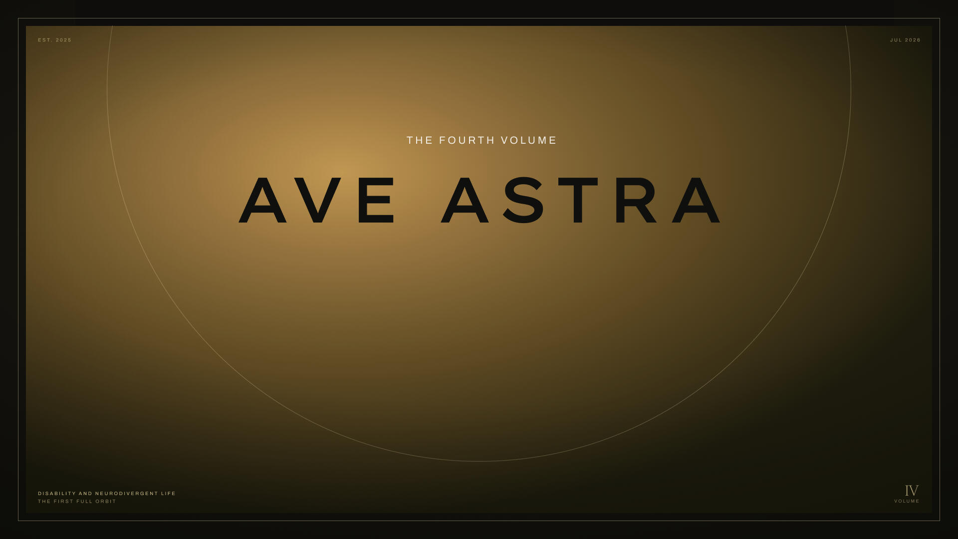 Cover design of Ave Astra's Volume 04 (gold glow against a black background) with text: The Fourth Volume, AVE ASTRA.
